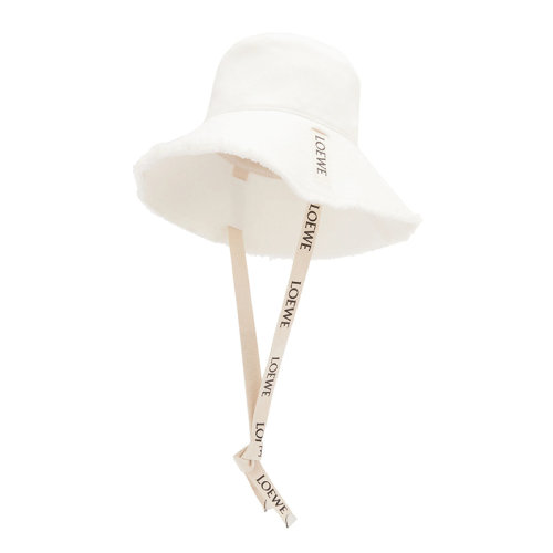 LOEWE/罗意威 22年春夏新款 女士绵白色单宁布和牛皮革Logo印花绑带毛边渔夫帽K820HF1X25-1950