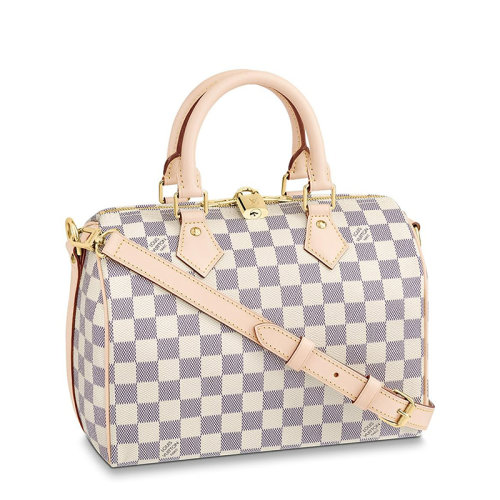 Louis Vuitton/路易威登 经典款SPEEDY 25系列 女士天蓝色棋盘格帆布饰皮革滚边金扣配可拆卸肩带拉链开合单肩斜挎手提包N41374