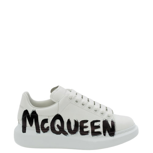 Alexander McQueen/亚历山大麦昆 22年早春新款 女士白色/黑色光滑小牛皮革涂鸦Logo印花运动鞋698614WIBNK9061