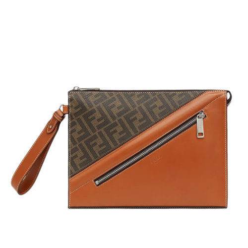 FENDI/芬迪  FF图案织物面料拼接棕色小牛皮拉链手拿包公文包7VA491AFB4F1DZA