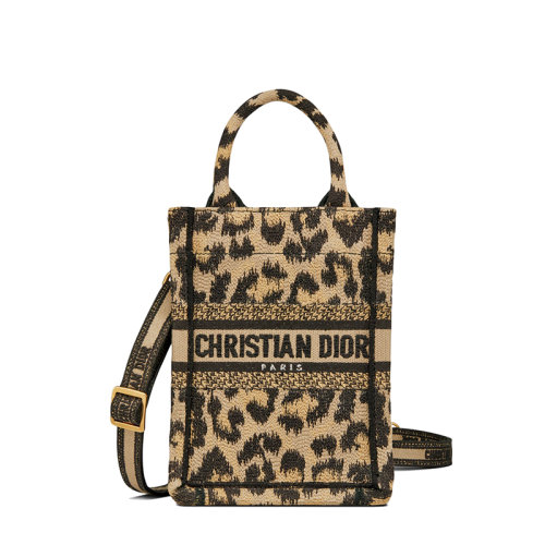 DIOR/迪奥 22春夏新款BOOK TOTE系列 女士迷你款米色Mizza图案豹纹刺绣织物手提单肩斜挎手机袋S5555CRHM_M918