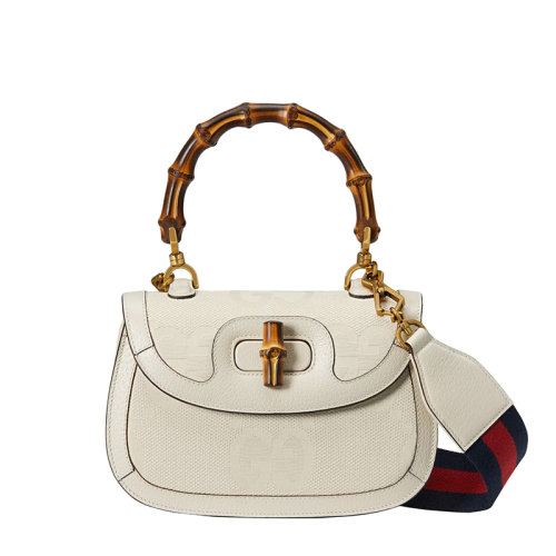 GUCCI/古驰 22春夏新款Bamboo 1947系列 女士白色超级老花帆布配皮革竹节手柄红蓝织带手提单肩包675797UKMDT9198