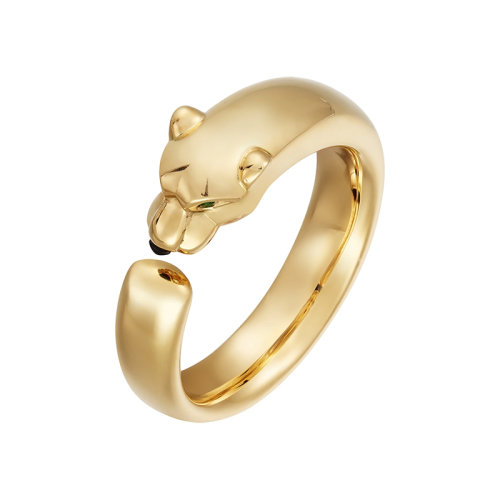 CARTIER/卡地亚 PANTHèRE系列 18K金黄金镶嵌绿色石榴石和缟玛瑙猎豹戒指   B4230100
