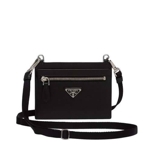 PRADA/普拉达 22年新款 女士黑色皮革三角银标片式挂脖卡夹1TL406_QHH_F0632