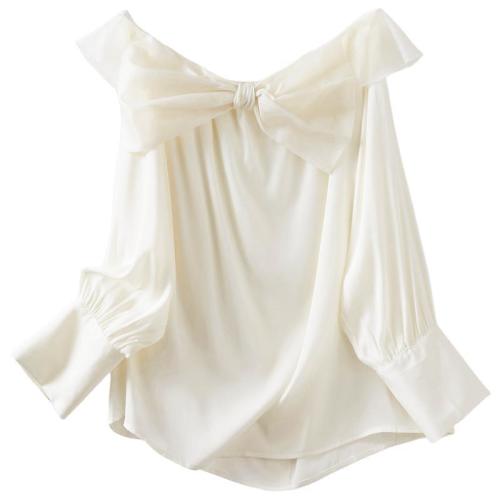 GeleiStory/GeleiStory 夏季新款设计感桑蚕丝长袖衬衫一字肩蝴蝶结真丝上衣 女士长袖衬衫