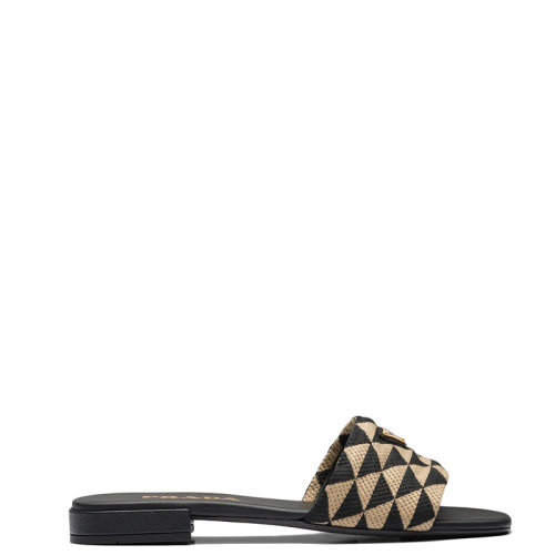 PRADA/普拉达 22年春夏新款 女士黑色/米黄色织物三角印花拖鞋凉拖1XX637_3LK6_F0Y30_F_010
