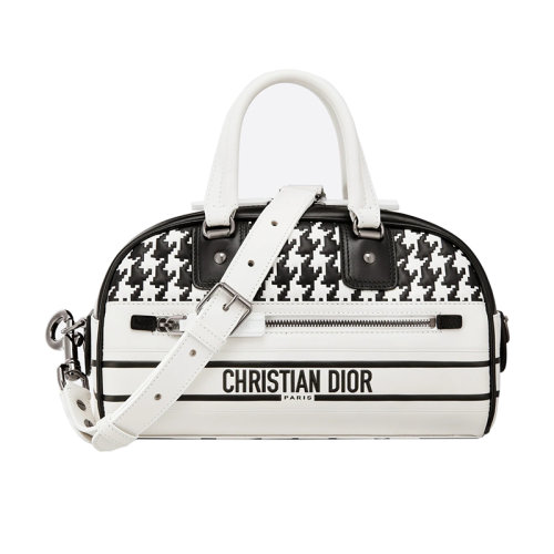DIOR/迪奥 23新款 VIBE系列 女士小号黑白千鸟格压纹小牛皮饰有字母标志拉链开合星形橡胶底面拆卸调节刺绣肩带单肩斜挎手提保龄球包M6209BMRB_M081