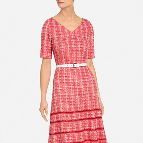 St.John/盛蔷女士粗花呢修身V领短袖针织女士连衣裙 K1100G2