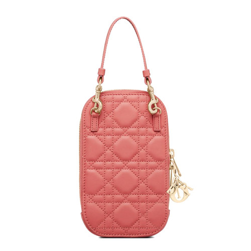 DIOR/迪奥 22新款LADY DIOR系列 女士珊瑚粉色羊皮革藤格纹可卸手柄和链条单肩斜挎包S0872ONMJ_M76P