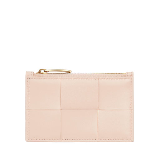 Bottega Veneta/葆蝶家 22春夏新款 女士水洗甜瓜色Intreccio编织皮革拉链卡包681010VCQC46705