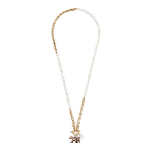 DIOR/迪奥 22新款 女士仿古金色金属白色树脂珠/淡水珍珠银色水晶镶嵌老虎吊坠项链N1997WOMCY_D09S