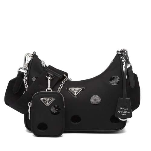 PRADA/普拉达     Re-Edition 2005系列 女士黑色再生尼龙波尔卡圆点图案装饰拉链拉合附可拆卸链条提手斜跨单肩包1BH204_2D0C_F0002_V_V1L