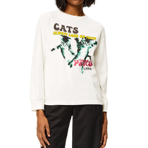 LOEWE/罗意威 22年秋冬新款 女士白色纯棉小猫印花长袖T恤S359Y22X26-2100