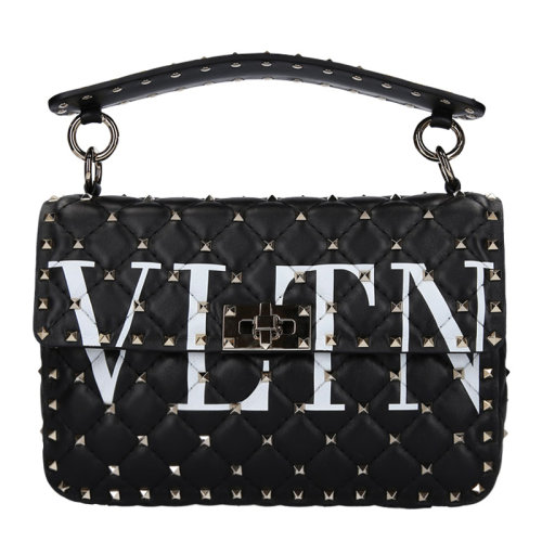 Valentino/华伦天奴 女士黑色牛皮徽标铆钉斜挎包手提包单肩包女包 RW2B0122-XQC-NER