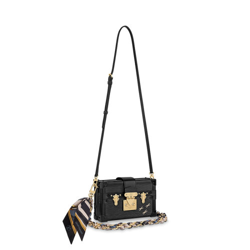 Louis Vuitton/路易威登 22春夏新款PETITE MALLE系列 女士黑色水波纹粒面皮革同色系牛皮革饰边配可拆卸饰丝巾链条金扣单肩斜挎手提盒子包M20532