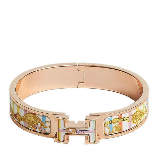 HERMES/爱马仕 经典款Clic H系列 粉彩色珐琅饰图案印花镀玫瑰金饰面H标识手镯 H702416FOD3