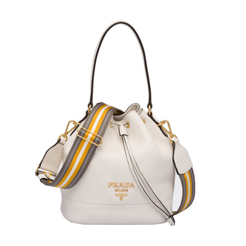 PRADA/普拉达 22新款 女士白色saffiano皮革金扣徽标皮革手柄抽绳单肩斜挎手提水桶包1BE018_2BBE_F0YGN_V_NOM