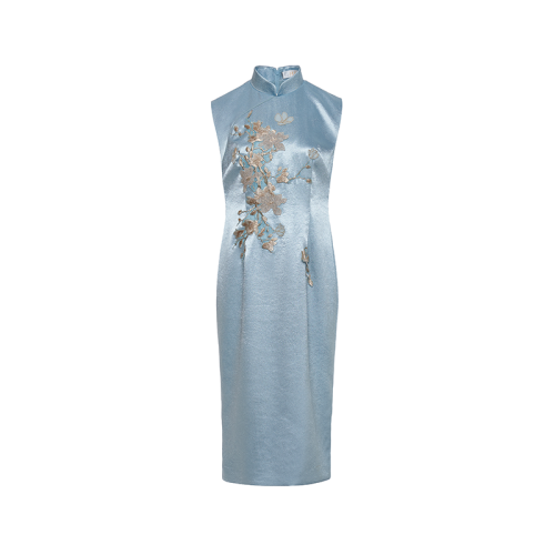 HUI/卉 女士连衣裙20秋季新品水绿色无袖连衣裙中式立领/斜襟/修身/刺绣设计