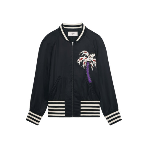 CELINE/赛琳 22年春夏新款 TYLER CHILDRESS联名系列 男士黑色粘胶纤维拼羊皮革饰PALM TREE刺绣缎面学院风夹克2V57H851C.38NO