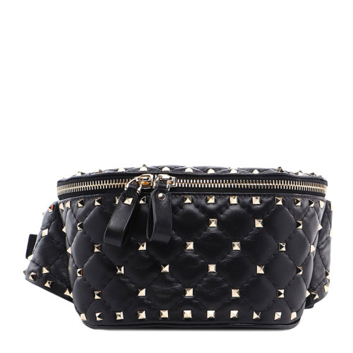 Valentino/华伦天奴 女士黑色羔羊皮经典铆钉装饰拉链开合单肩包斜挎包胸包腰包女包 SW2B0B46-NAP-0NO