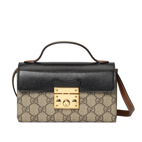GUCCI/古驰 经典Padlock系列 女士迷你GG Supreme帆布黑色棕色皮革翻盖金扣斜挎单肩包65268396GAG9785