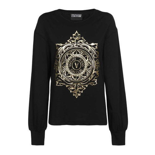 VERSACE JEANS/范思哲牛仔 女士黑色棉质印花装饰圆领长袖上衣卫衣套头衫 71HAHF05-CJ00F-G89