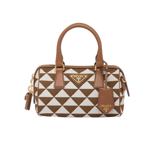 PRADA/普拉达 22新款 女士烟草/白色刺绣面料配saffiano皮革手柄珐琅徽标拉链开合单肩手提斜挎包1BB846_2FKL_F0I0U_V_XOO