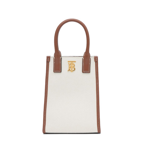 BURBERRY/博柏利 22新款 女士米色/棕褐色帆布缝合皮革配可拆卸肩带单肩迷你托特包80524601