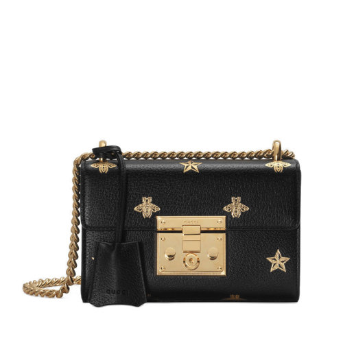GUCCI/古驰 女包 Padlock系列 蜜蜂星星装饰 女士黑色牛皮链条单肩包 432182DJ2LG1055
