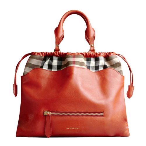 BURBERRY/博柏利 女士橙红色BigCrush格纹配皮抽绳手袋手提包女包 3950041