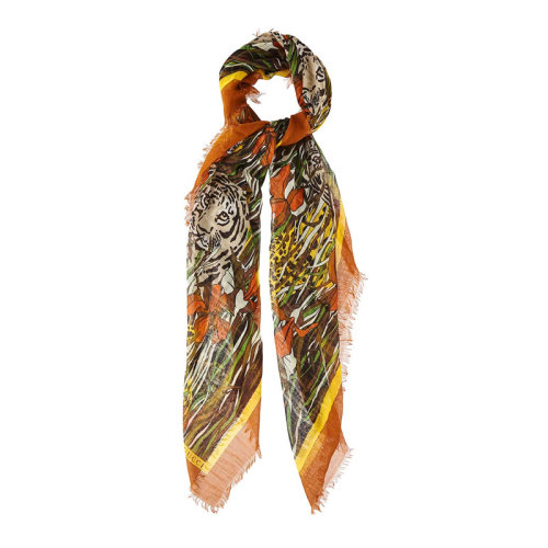 GUCCI/古驰 女士多色拼色莫代尔棉桑蚕丝混纺丛林老虎印花字母徽标末端流苏披肩围巾围脖丝巾方巾 576774-3GD74-1075