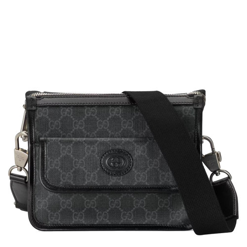 GUCCI/古驰 Aria系列 男士黑色帆布皮革饰边椭圆形皮革GG标签单肩斜挎包67416492THN1000