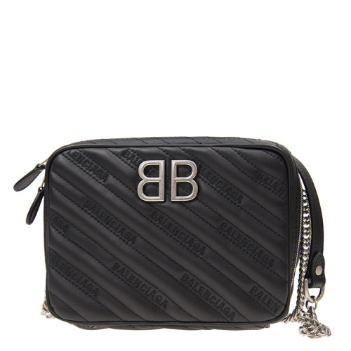 Balenciaga/巴黎世家 女士黑色牛皮金属双B徽标字母印花拉链开合单肩包斜挎包相机包女包 526678-0HIAN-1000