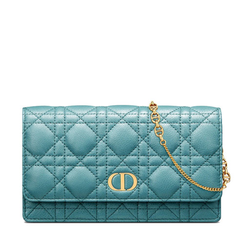 DIOR/迪奥 22新款Caro系列 女士天蓝色藤格纹柔软小牛皮CD金扣可拆卸金链单肩手拿链条钱包S5134UWHC_M08Z