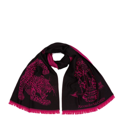 Alexander McQueen/亚历山大麦昆 女士黑粉拼色大号粉色豹纹骷髅图案羊毛围巾围脖丝巾 604793-3200Q-1072