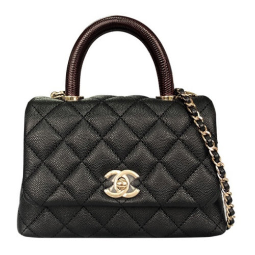 CHANEL/香奈儿 女包  mini coco handle 经典黑金黑柄 蜥蜴皮手柄口盖包 金扣颗粒压花小牛皮 链条包手提包单肩斜挎包
