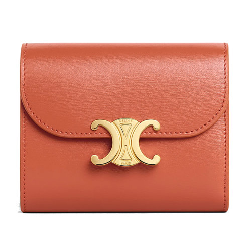 CELINE/赛琳 22新款TRIOMPHE系列 女士小号光玉髓红皮革饰凯旋金扣翻折钱包10D783DPV.20CO