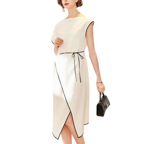 GeleiStory/GeleiStory  夏季新款气质名媛不规则插肩袖圆领收腰开叉黑边撞色连衣裙   女装＞女士裙装＞女士连衣裙