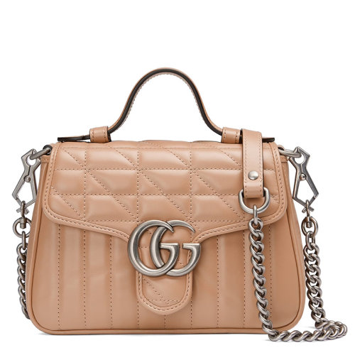 GUCCI/古驰 GGMarmont系列 女士迷你粉色绗缝皮革银色饰面翻盖斜挎单肩包583571UM8AN2754