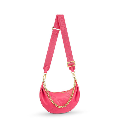 Louis Vuitton/路易威登 22春夏新款Over The Moon系列 女士火龙果色老花压纹牛皮革金扣金链单肩斜挎手提月亮包M59915