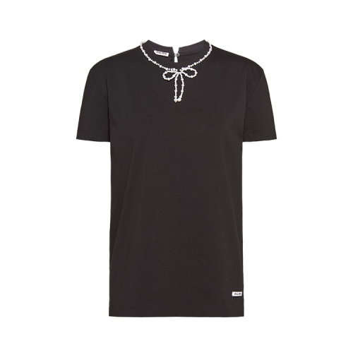 MiuMiu/缪缪 黑色 女士蝴蝶结装饰短袖T恤 MJN175_1V0F_F0002