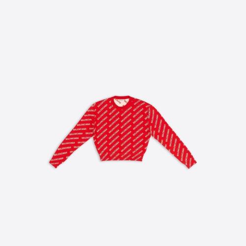  BALENCIAGA巴黎世家 22年秋冬 女士 针织衫 Womens Mini Allover Logo Sweater in Red 694255T