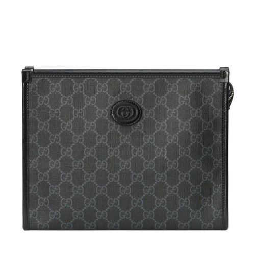 GUCCI/古驰 20  男士黑色老花帆布皮革饰边拉链开合手拿包?67295692TCN1000