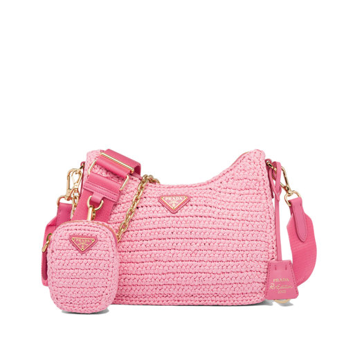 PRADA/普拉达 22新款Re-Edition 2005系列 女士花瓣粉色酒椰纤维金属三角形徽标可拆卸拉链式小袋单肩手提包1BH204_2A2T_F0442_V_V9L