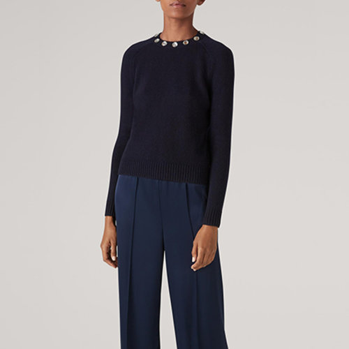 St.John/盛蔷藏蓝色羊绒宽松打底女士针织衫/毛衣K521061