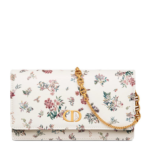 DIOR/迪奥 22新款CARO系列 女士奶白色小牛皮冬日花园主题印花CD金扣配可拆卸金链单肩斜跨手拿链条包S5134USJS_M941