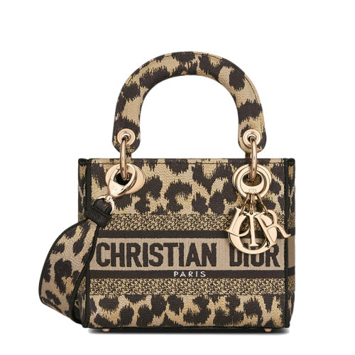 DIOR/迪奥 22新款LADY D-LITE系列 女士迷你款豹纹拼色Mizza图案刺绣单肩斜挎手提戴妃包M0500ORHM_M918