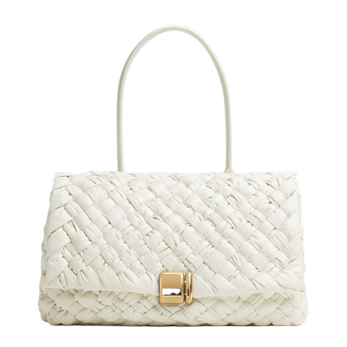 Bottega Veneta/葆蝶家 22新款 女士中号白色小牛皮饰有Intreccio图案金属搭扣翻盖开合单肩手提包717581V2BJ19092