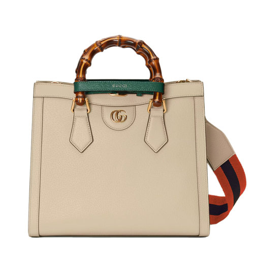 GUCCI/古驰 22新款Diana系列 女士小号米白色皮革竹子提手金扣配可拆卸条纹织物配皮肩带单肩斜跨手提托特包702721U3ZDT9982