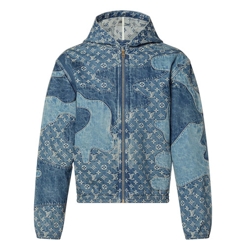 Louis Vuitton/路易威登 22年早春新款 LV2系列 男士靛蓝色纯棉牛仔拼接连帽衫夹克1A9K6D